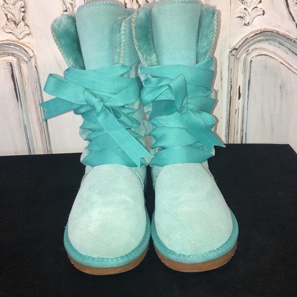 GQPY Shearling Lined Turquoise Suede Ribbon Laced Mid Calf Boot Size 36 - Picture 3 of 9